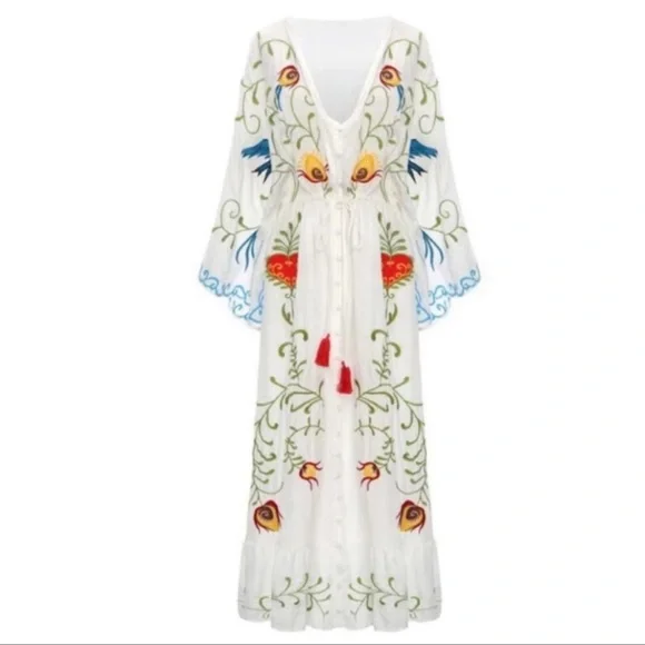 5 Star ⭐️ Favorite Boho Embroidered Hearts Magic Kimono Long Maxi Gown In White - Picture 9 of 15